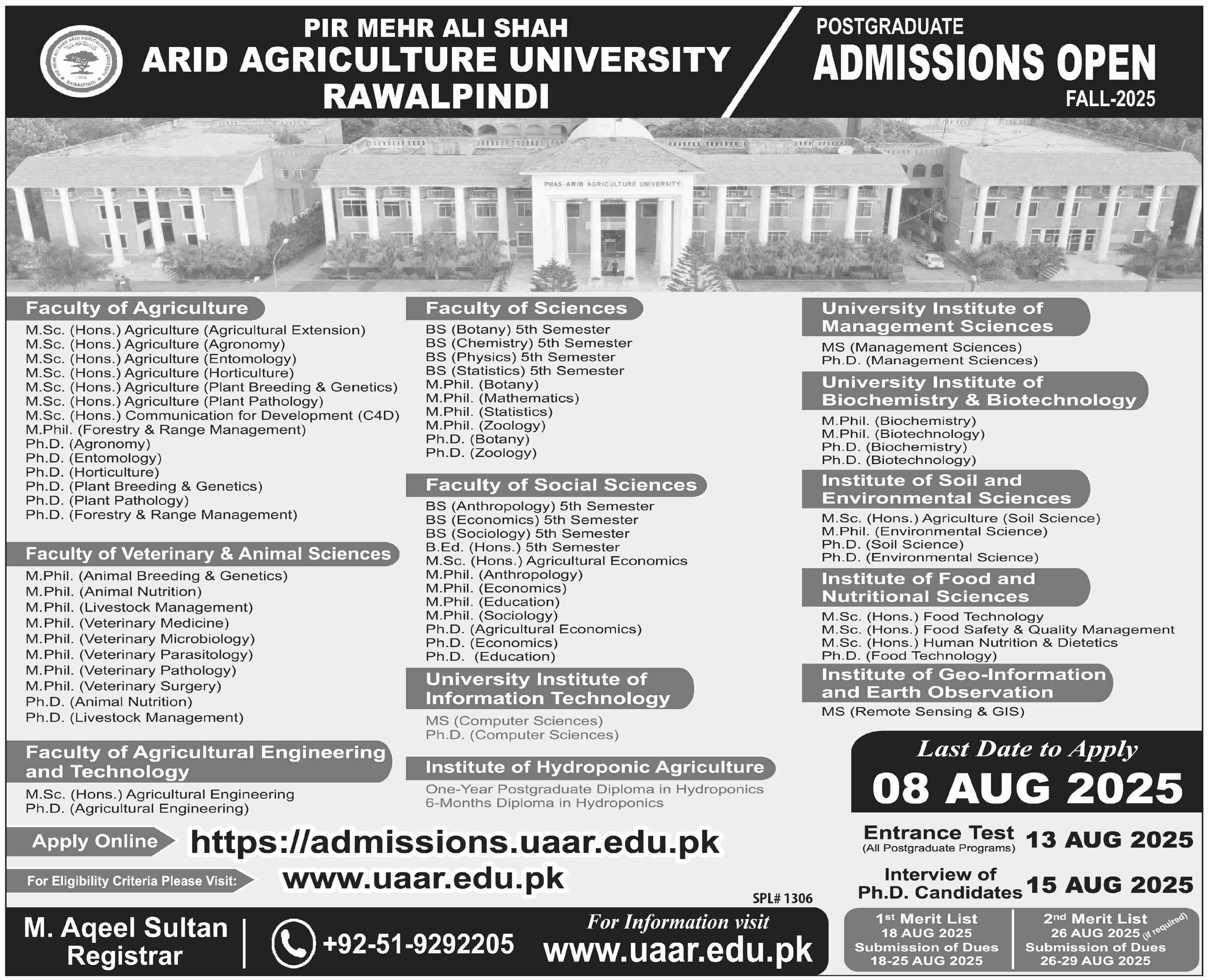 Admission Open in Arid Agriculture University Rawalpindi